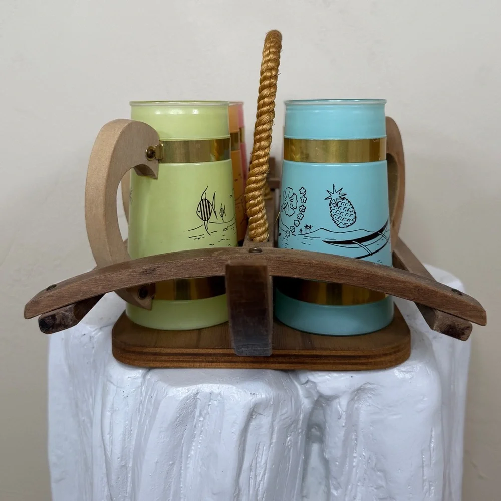 Vintage Siesta Ware Set of 6 Hawaiian Tiki Mugs & Wood Outrigger Canoe Carrier
